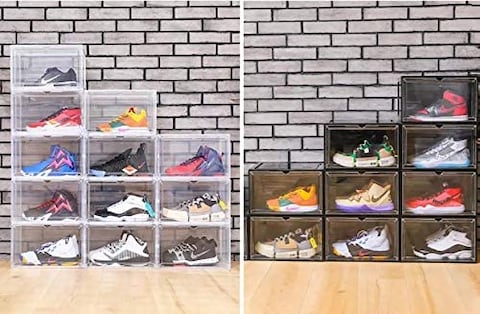 1CHASE&reg; Shoe Storage Box (6 Box Set) Black, Side Open High Quality storage Organizer Boxes,Stores Shoes Size up to UK 46