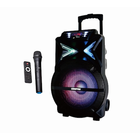 Geepas Gms11131 Rechargeable Trolley Bluetooth Speaker - Wireless Microphones, Rechargeable Battery | Karaoke Dj Speaker | Portable Speaker With Trolley Handle, USB &amp; Auxiliary Inputs