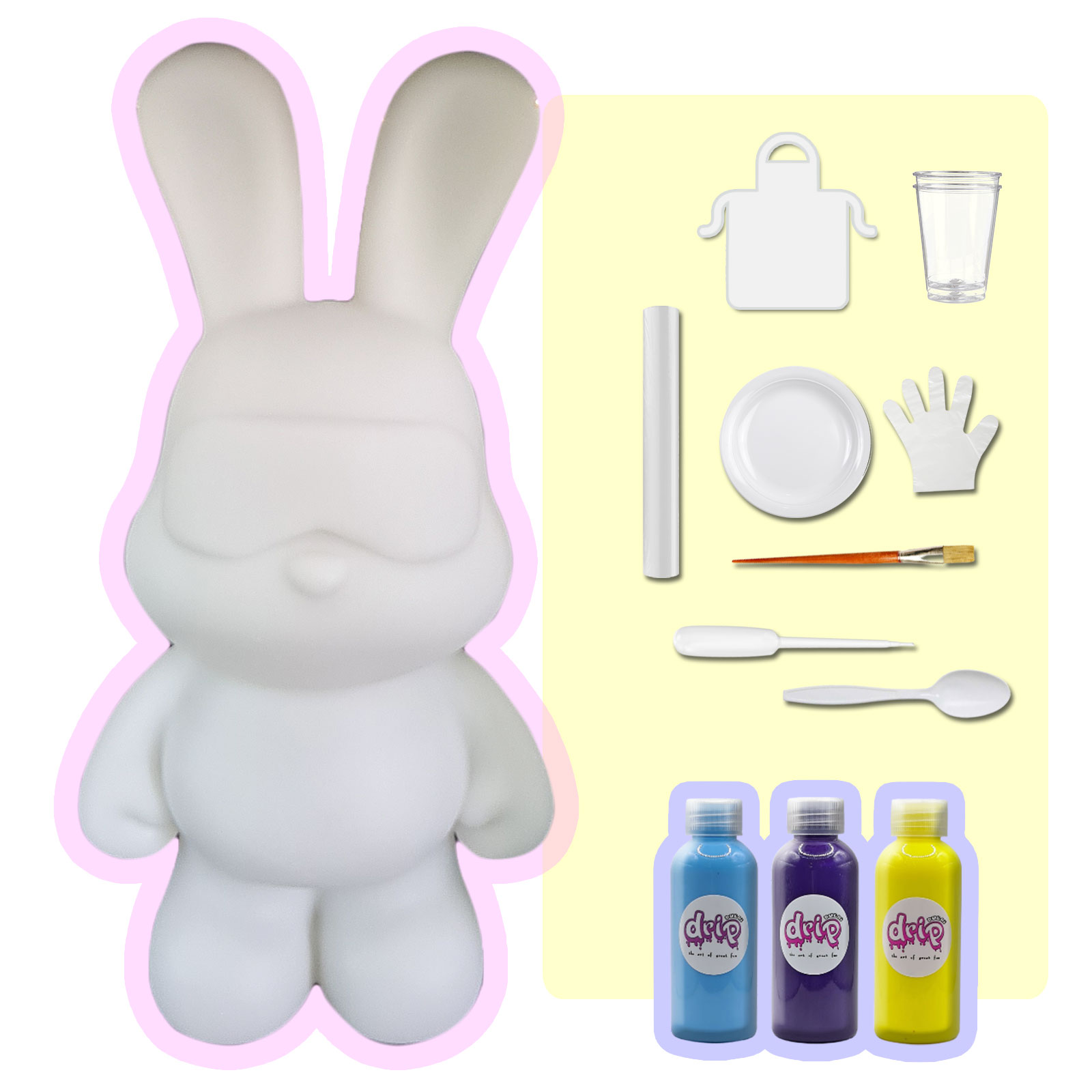 DIY MONEY SAVING COOL BUNNY (8.6 inch - 23 cm) ACRYLIC FLOW POUR PAINT SET COLORS: Light-Blue, Dark-Purple, Lemon-Yellow. Dubai Drip Arts and Crafts.