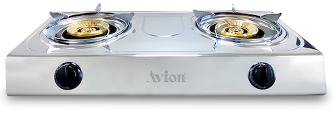 Avion Double Burner Gas Stove, Durable Brass Burner Cap, Auto Ignition, Energy Efficient Burners, Stainless Steel Body, Heat Resistant Electroplate Pan Support, Low Gas Consumption, Ags28Bb