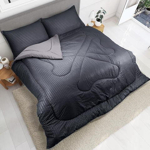 Hotel Linen Klub Reversible Down Alternative Comforter Set, Ultra Soft Brushed Stripe Microfiber Fabric, 200GSM Soft Fibersheet Filling, Size: Single 160 x 200cm, Charcoal &amp; Lt. Grey