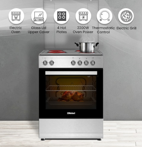 Nobel 60 x 60 Electric Cooker, 4 Hot Plate &amp; Electric Oven, 6 Knob Control, Auto Ignition, Stainless Steel Lid, Inner Light, 59.8 x 56.7 x 85.3 cm, Made In Turkey NGC6400 Inox