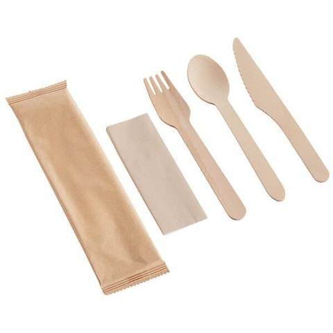 Markq [500 Pack] Disposable Wooden Cutlery Set With Napkin, Eco Friendly, Biodegradable, Compostable Wooden Knife Fork Spoon Napkin Set - Wooden Utensils For Weddings Parties Picnic