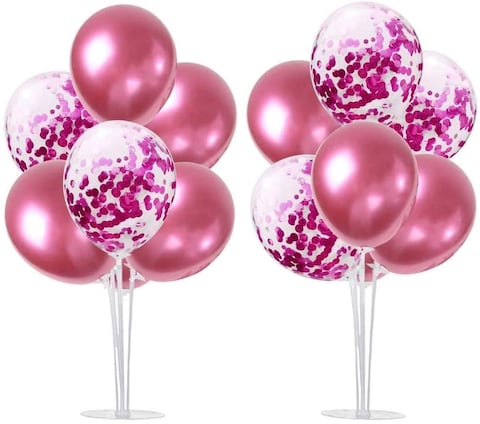 Party Time 2 Table Balloon Stand Kit 27.6&quot; Height Balloon Sticks Holder with 16pcs Chrome Pink Latex &amp; Confetti Balloons for Birthday Anniversary Wedding Party Bridal Baby Shower Decorations