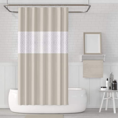 Extra Long Beige Shower Curtain, Bath Curtain with Mesh Window, 180 x 200 cm