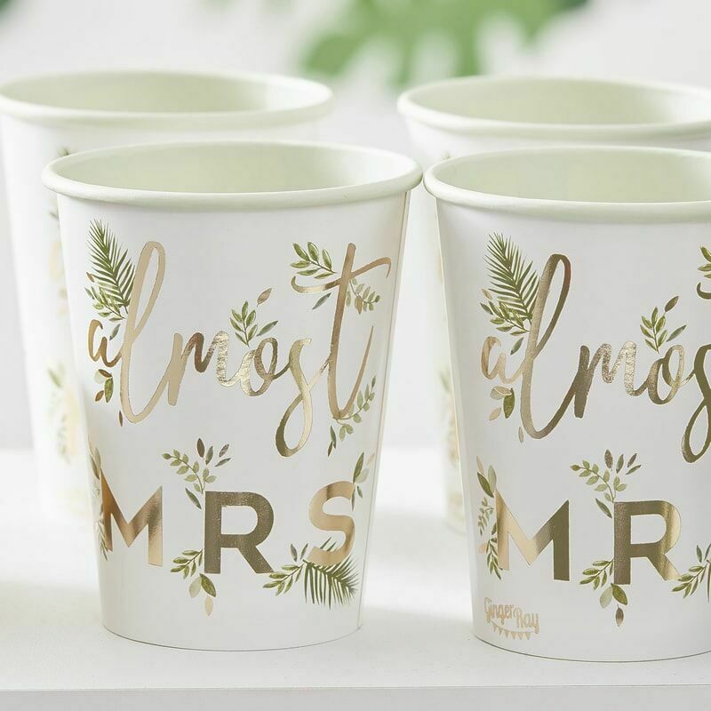 Ginger Ray Almost Mrs Gold Foiled Hen Party Paper Cups 8-Pieces- 9.5 cm Height- White