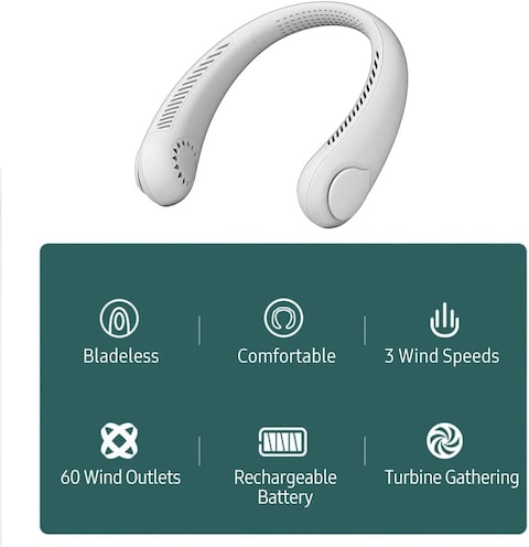 Generic Portable Neck Fan Rechargeable Bladeless Wearable Cooling Head Fan 3-Speed 1800mAh Battery Operated Wearable Personal Fan U-Shape Air Fan Hands Free For Sport Outdoor Traveling Home Office