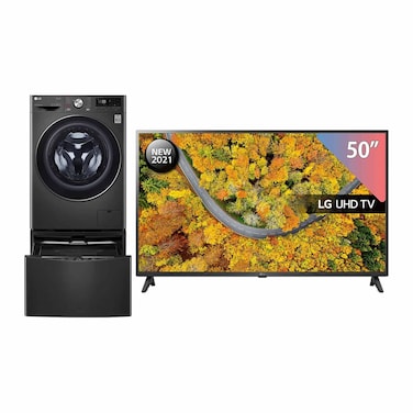 إل جي FT015V9BL توين واش غسالة 12.5 كيلو + غسالة سفلية 2.5 كيلو بمجفف 8 كيلو + تليفزيون 50 بوصة هدية