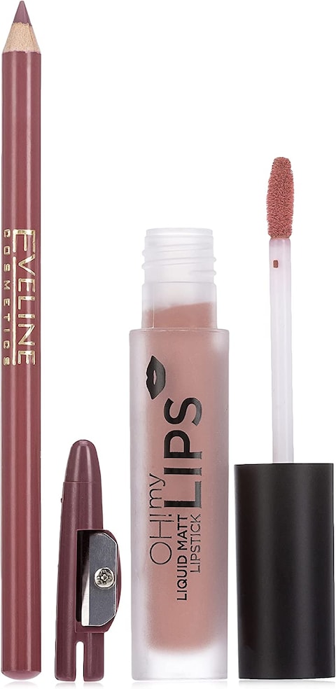 Eveline Cosmetics Make Up Oh My Lips Liquid Matt Lipstick &amp; Contour Lip Liner No.08, Lovely Rose, 4.5 ml