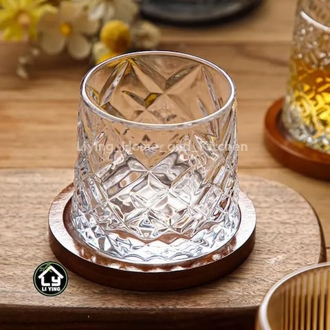 Liying Elegant Design Rotatable Tumbler Crystal Drinking Glass with Creative Coasters for Scotch,Bourbon,Cocktails 1#