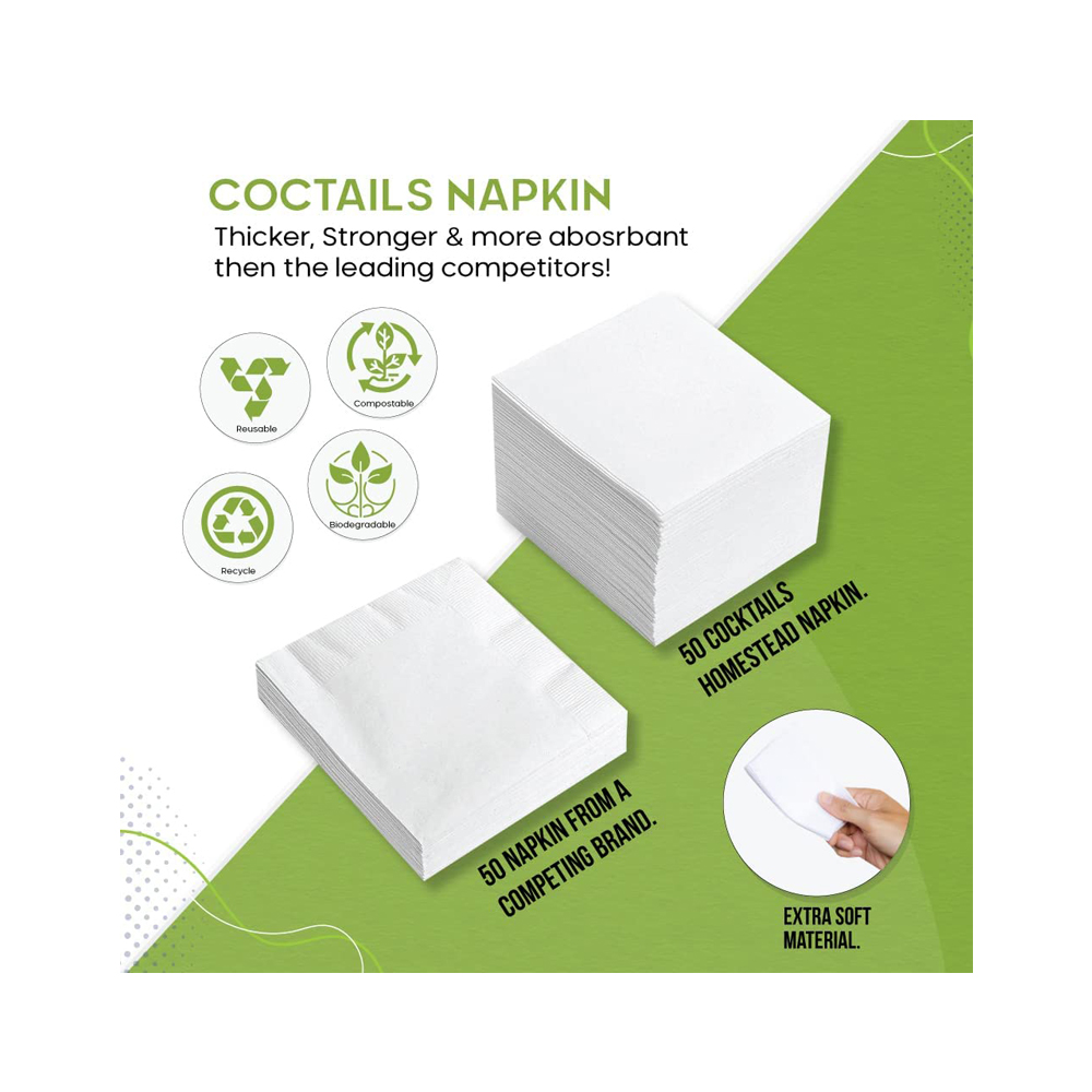 Cocktail Paper Napkins White 2 Ply 23x23 Size - Beverage Bar Napkins Linen Like Square Napkins Eco Friendly &amp; Compostable Everyday Use, Party or Wedding 50 Pieces.