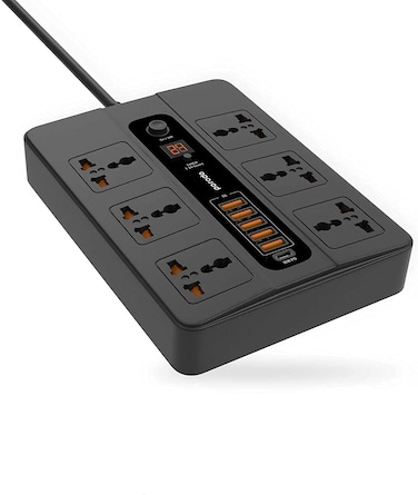 Porodo Universal Power Socket, 6 Ac Output 5 USB Port &amp; USB-C Pd 18W Multiport Socket, Power Hub Built-In Timer, Fire-Proof Material Power Strip, 200Cm Extension Cord, Charging Station (Black)