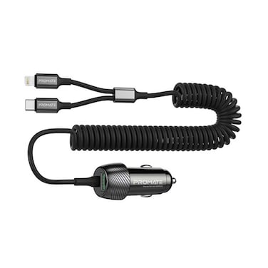Promate Car Charger with QC 3.0 Port, USB-C/Lightning Coiled Cable