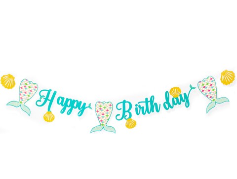 Party Time Mermaid Happy Birthday Banner, Favor Mermaid Theme Party Decoration Supplies For Kids, Magical Sparkle Glitter banner for Under the Sea Party Decor