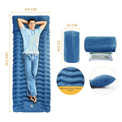 HEXAR&reg; Self Inflating Sleeping Pad with Foot Pump 190X64 Built-in Pump Foldable Sleeping Mat with Pillow for Camping Hiking Durable Inflatable Air Mattress - Carry Bag, Repair Patches (Navy Blue)