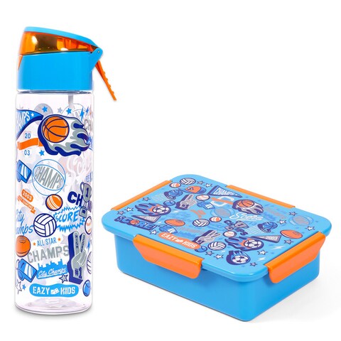 Eazy Kids Lunch Box and Tritan Water Bottle w/ Spray, Soccer  - Blue, 750ml