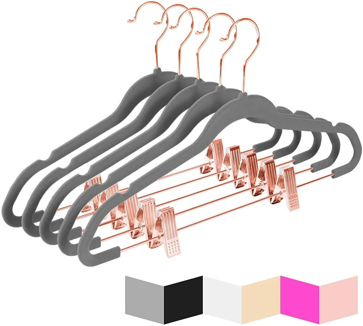 Red Dot Gift20-Pack Grey Non-Slip Velvet Hangers &amp; Clip (Rose Golden) 42.5cm/16.8 Inch - 360 Degree Rotatable Hook - Durable &amp; Slim - For Coat Hangers - Pant Hangers (Grey, 20)