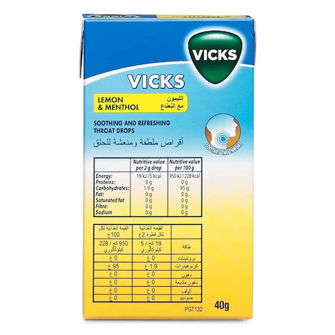 Vicks Lemon And Menthol Soothing And Refreshing Throat Drops 40g