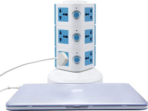 3 Layers Extension Outlet With 2 USB Ports, Universal Vertical Multi Socket, 2.8M Cord and UK-Plug Multi Charging Station (Blue)
