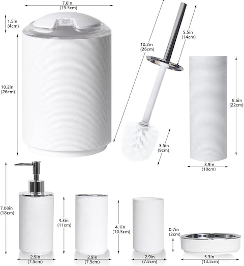 Bathroom Accessories Set,6-Piece Bathroom Gift Set,Toothbrush Holder,Toothbrush Cup,Soap Dispenser,Soap Dish,Toilet Brush Holder,Trash Can,Tumbler Bathroom Accessory Set Complete, White Ringe