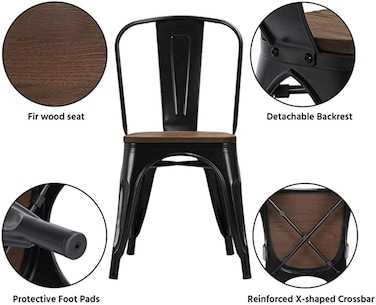 LANNY Tolix Style Dining Chairs D1 BLACK Industrial Metal Stackable Cafe Side Chair Solid Wood Seat Set of 4