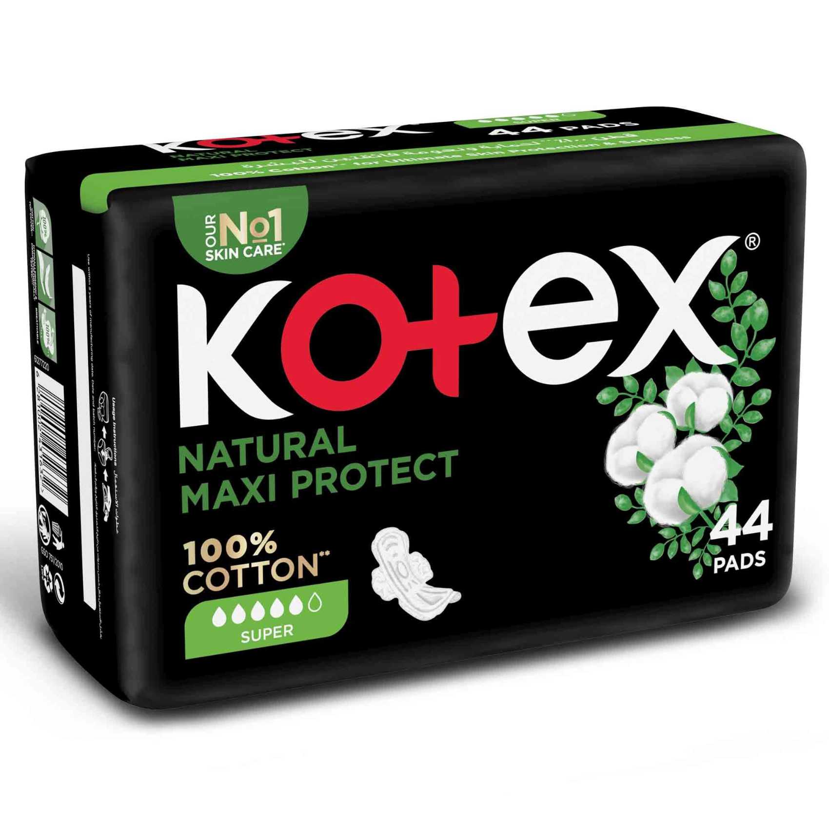 Kotex Natural Maxi Protect Thick Pads 100% Cotton Pad Super Size with Wings 44 Sanitary Pads