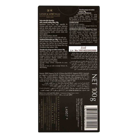 Lindt Lindor Swiss 60% Cocoa Extra Dark Chocolate 100g
