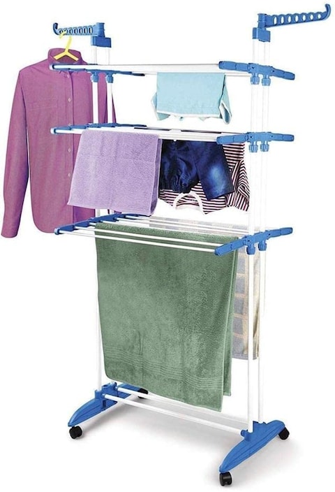 Three Tier Movable Foldable Steel Cloth Drying Stand with Wheels Laundry Rack Stand