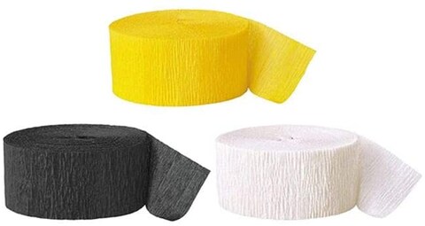 Party Time 3 Rolls Crepe Paper Streamers Backdrop, 3 Colors, for Various Christmas Party Wedding, Proposal, Bridal Shower Festival Birthday Party Decorations (Black, Yellow, White)
