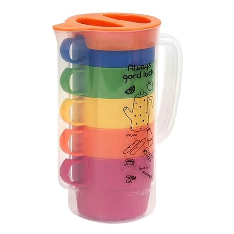 Lock And Lock Water Jug Cup Set - 1.2 Liters + 5 Cups - Multicolour