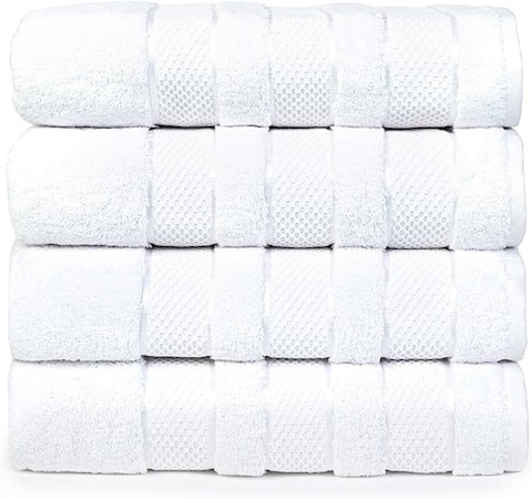 4-Piece Large 70x140 cm Bath Towels Luxury Hotel Quality 600 GSM 100% Genuine Combed Cotton, Super Soft &amp; Absorbent - Bright White