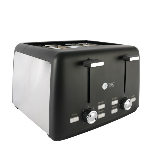 AFRA Electric Breakfast Toaster, 1600W, 4 Slots, Removable Crumb Tray, Matte Black Finish, Browning, Reheat, Defrost, G-Mark, ESMA, RoHS, CB, AF-24700TOBL, 2 Years Warranty