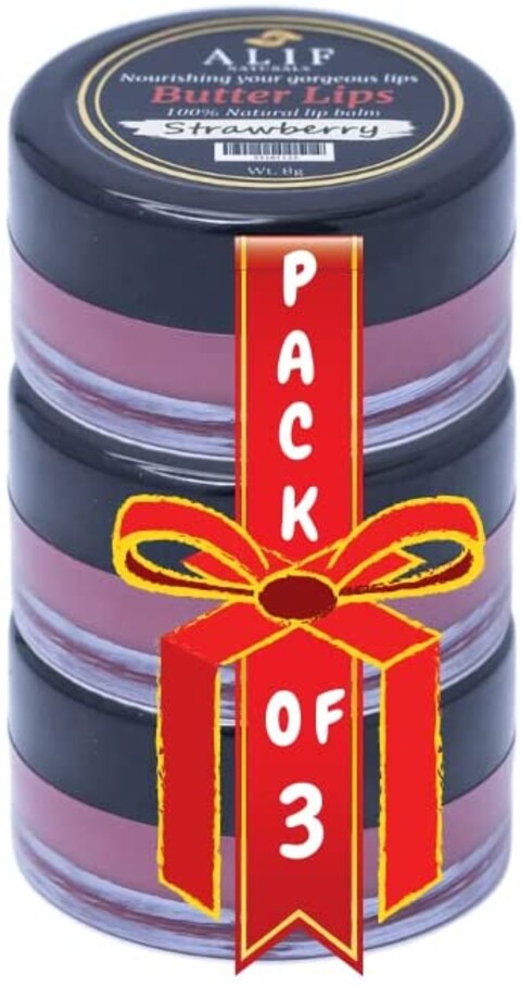Alif Naturals Pack Of 3 - Strawberry Butter Lip Balm Natural, Moisturizes Chapped Lips, Makes Lips Soft And Supple