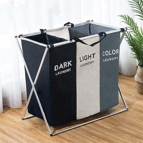 3-Section Foldable Laundry Basket, Washing Storage Dirty Clothes Bag for Bathroom Bedroom Home 135L