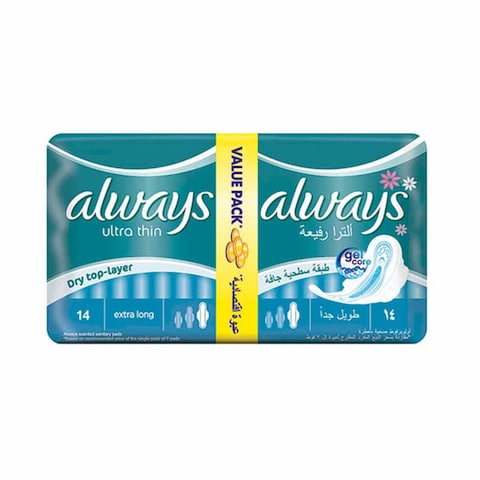 Always Ultra Thin Super Sanitary Pads With Wings Extra Long 14 Count