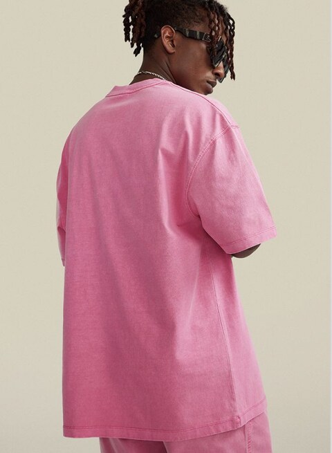 Mei Stylish Unisex Vintage Casual Loose Shoulder Oversize Crew Neck T-shirt, L Size, Pink