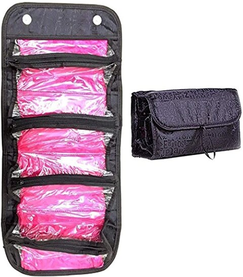 Generic Makeup Bag Cosmetic Hanging Organizer Roll N Go Roll Up Foldable Clear Case Pouch Toiletry Organizer Multifunction Large Capacity For Cosmetics, Jewelry, Travel Accessories, Electronics(Black)