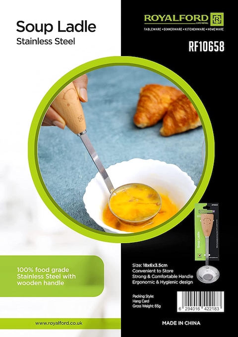 Royalford Soup Ladle, Stainless Steel With Wooden Handle, RF10658, 18cm Soup/Stew Serving Spoon With Long Heat-Resistant Handle, Modern Design Sauce Spoon