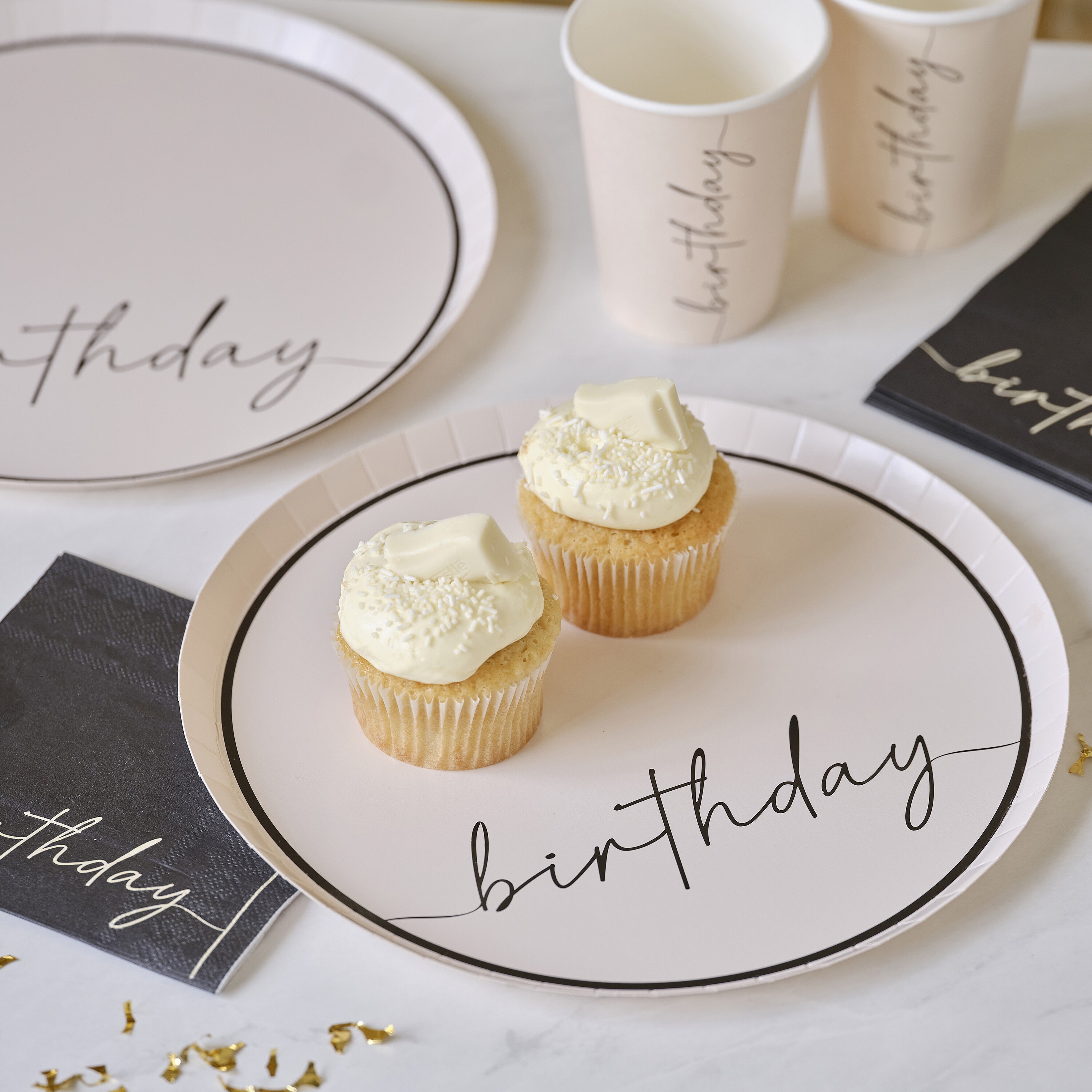 Champagne Noir Nude and Black Happy Birthday Paper Party Plates Pack of 8