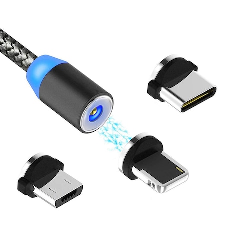Magnetic USB Charging Cable Multi 3-in-1 Micro USB Type C Lighting Cable Charger with LED Compatible with iPhone Android Type-C Huawei