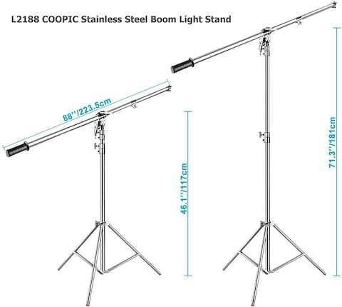 Coopic L2188 Stainless Steel Boom Light Stand Max Height 71Inch/180Cm With 88Inch/224Cm Holding Arm, 4 Kilograms Counter Weight Light Stand For Monolight Strobe Light Ring Light Softbox And More