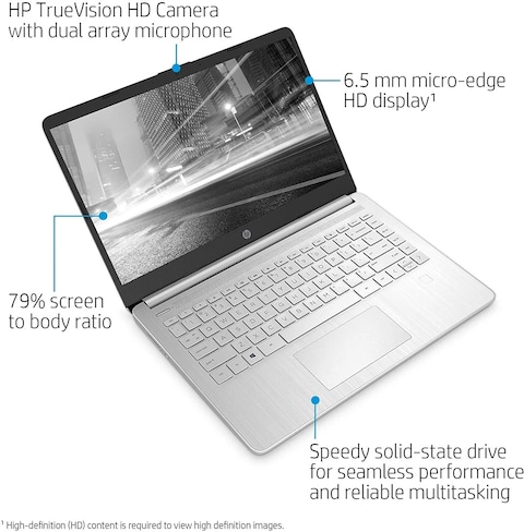 HP 14-DQ1059WM Laptop, 14&quot; HD 220 Nits Display, Core i5-1035G1 Up to 3.6GHz, 8GB RAM, 256GB PCIe NVMe SSD Intel UHD Graphics, Bluetooth, Webcam, English Keyboard, Windows 10, Silver