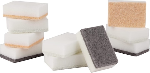 Royalford Royalbright Heavy Duty Cleaning Sponges- RF10626 Scrub Pads For Kitchen Sink &amp; Bathroom 2 In 1 Cleaning Supplies Premium-Quality Ideal For Dish Wash Multi-Purpose, Pack Of 10, White &amp; Grey