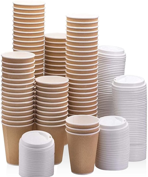 Markq [50 Sets] 12 oz. Brown Disposable Ripple Insulated Coffee Cups with Lids - Hot Beverage Corrugated Paper Cups