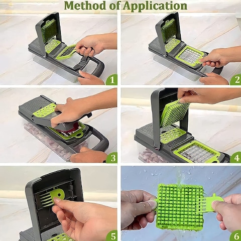 Generic Vegetable Chopper Cutter Slicer Mincer Grater Dicer Pro All In One Multi Gadget Kitchen, 14 In 1 With 8 Different Blades Sizes Portable Container &amp; Holder, Cleaning Fork, Gray