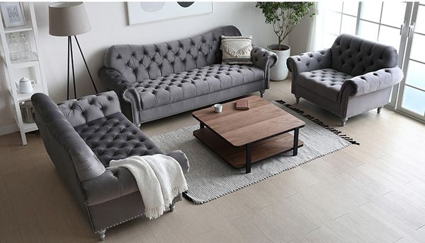 luxury Grey velvet button tufted sofa modern living room furniture Grey tufted 3+2+1 seat fabric chesterfield sofa