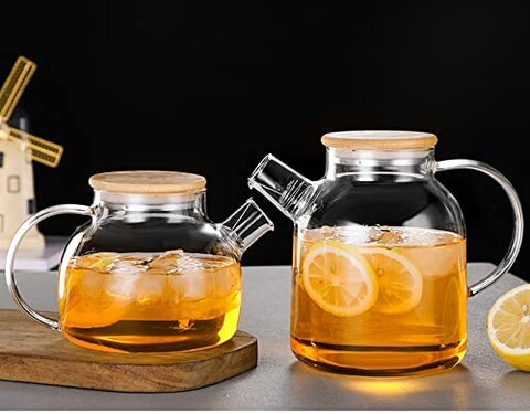 Glass Water Pitcher with Bamboo Lid,Borosilicate Glass Teapot for Hot/Cold Water，Glass Water Kettle Drinkware Jugs Carafes for Tea Tea Coffee Juice，Stovetop & Fridge Safe (1600ml/56 oz)