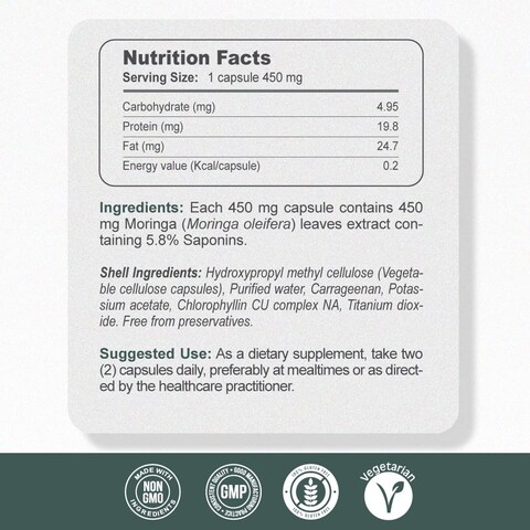 Gardeno Nuturing Life Moringa Oleifera Powder Capsules With Saponins, Energizing Green Superfood Antioxidant  100% Pure Leaf Formula &ndash; 60 Capsules