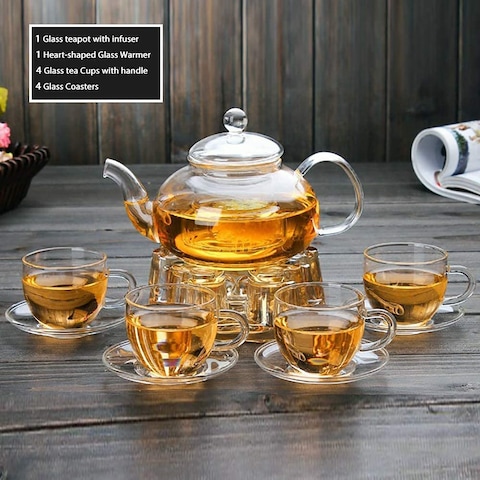 Lushh Glass Teapot with a Crystal Heart Shape Tea Warmer and 4 Tea Cup with Coaster, Gift Set for Blooming Tea, Flower Tea, Loose Leaf Tea