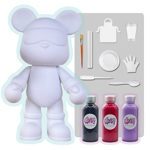 COOL BEAR COIN PIGGY BANK FIGURE (9 inch - 23 cm) ACRYLIC DRIP POUR PAINT COMPLETE KIT, Colors: Black, Rose-Red, Light-Purple. Acrylic Rich Pigments Fluid Flow Paint, Arts and Crafts.